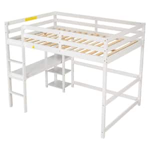 White Full Wood Frame Loft Bed with Bookshelves and Desk Full Kids Loft Bed with Solid Ladder Wood Loft Bed