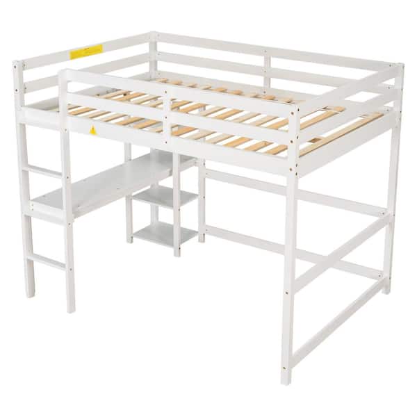 ANBAZAR White Full Wood Frame Loft Bed with Bookshelves and Desk Full Kids Loft Bed with Solid Ladder Wood Loft Bed