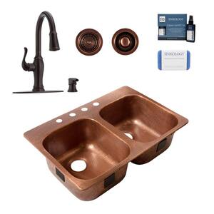 Santi 33 in. 4-Hole Left Drop-In Double Bowl 16 Gauge Antique Copper Kitchen Sink with Maren Bronze Faucet Kit