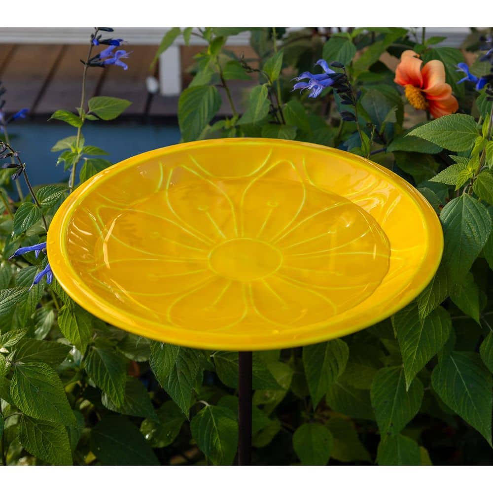 Sunflower Yellow Glass Birdbath with Iron Stake