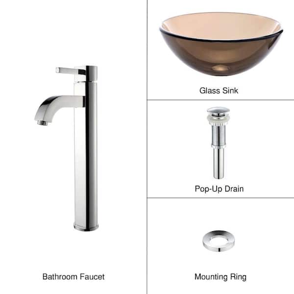 KRAUS Glass Vessel Sink in Brown with Single Hole Single-Handle High-Arc Ramus Faucet in Chrome