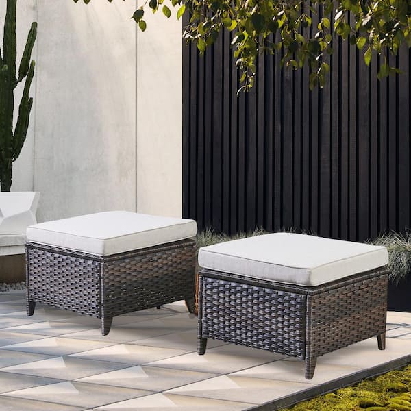 Opohoro Brown Wicker Outdoor Ottoman, All-Weather Patio Ottomans (Set of 2) PE Wicker Steel Frame with Beige Cushions (2-Pack)