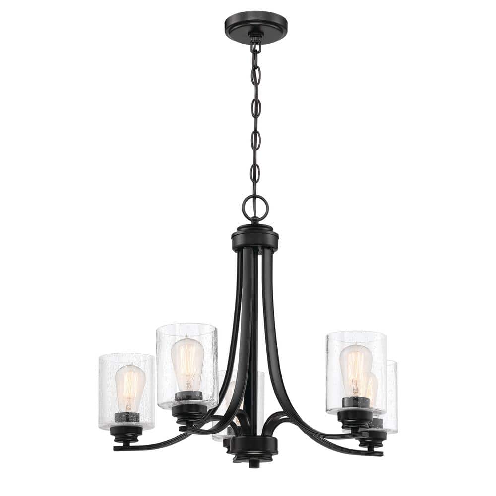 Flat Black and Clear Seeded Glass 5-Light Chandelier
