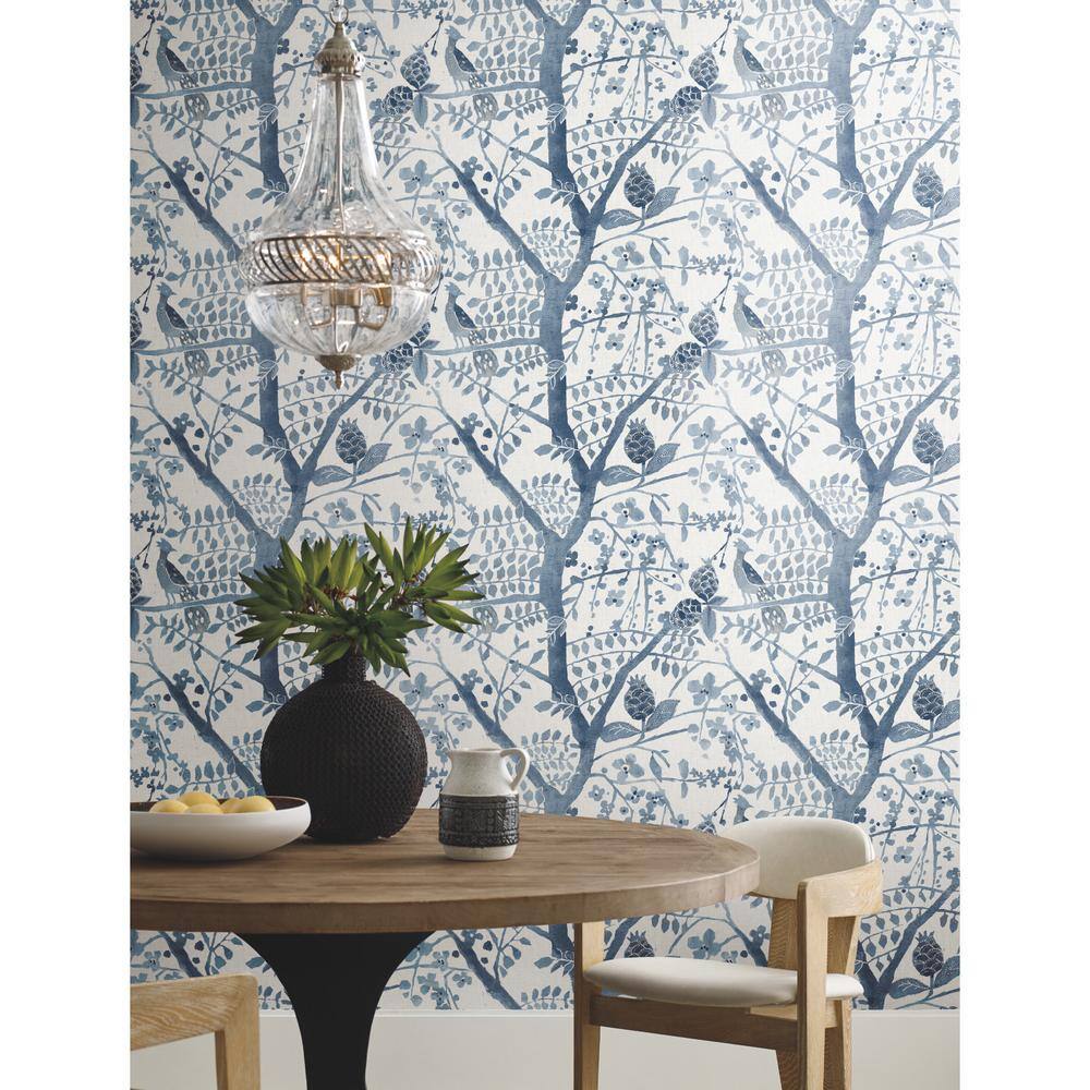 Blue and White Peacock Block Print Washable Wallpaper