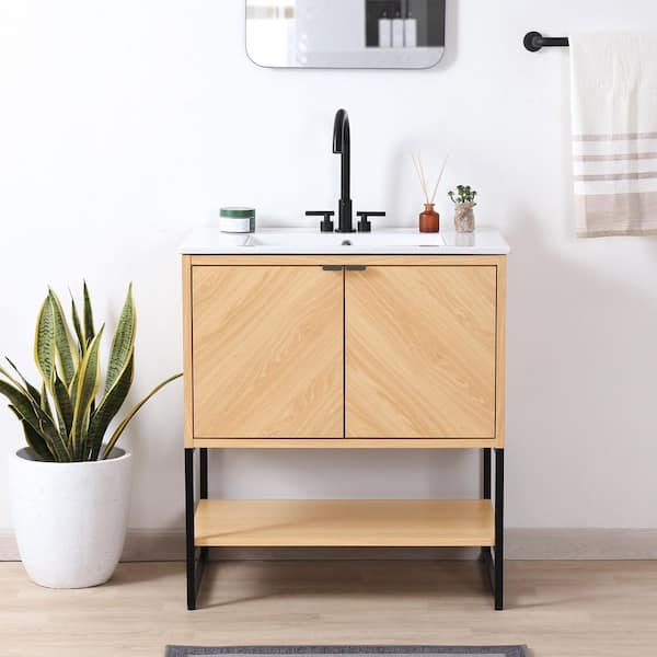 Juhl 30 in. W x 18 in. D x 33 in. H Chevron-Front Modern Minimalist 2-Shelf Bath Vanity Cabinet without Top in Oak