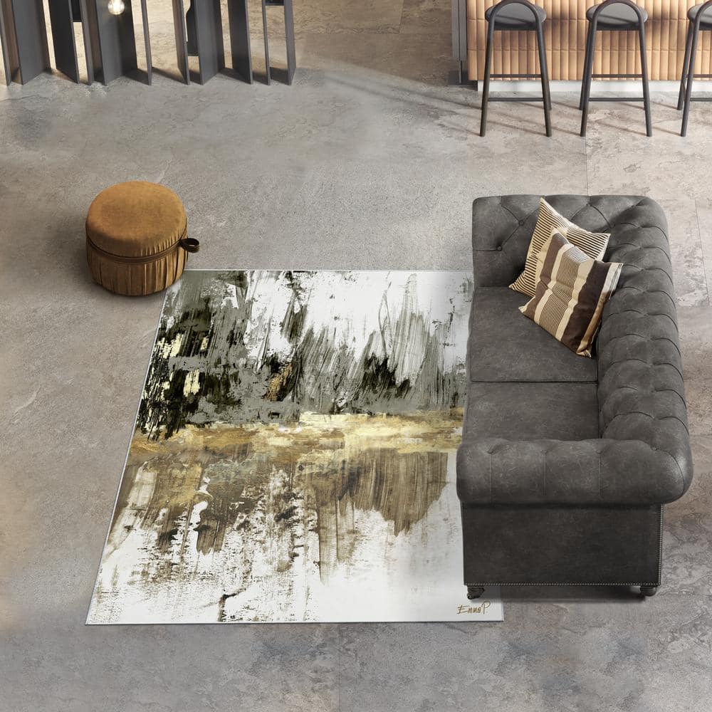 Gray and Gold Abstract Art Washable Polyester Area Rug 5' x 7'