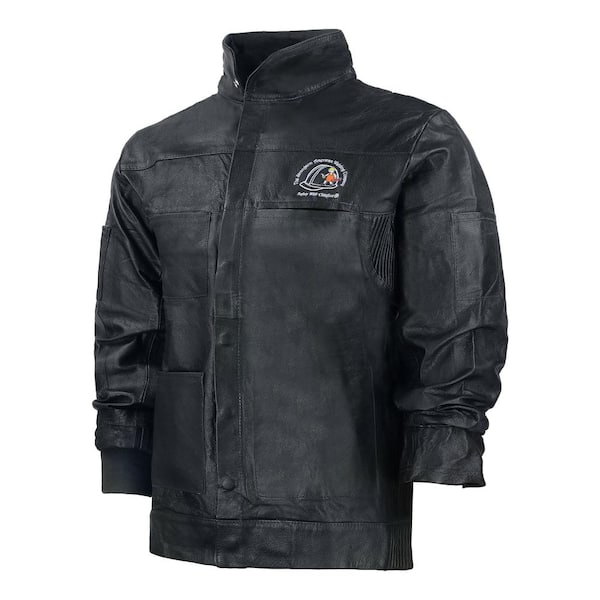 THE STRONGARM AMERICAN WELDING COMPANY Heavy-Duty Unisex Medium Black Premium Leather Jacket Flame Resistant with Snap Buttons, Multi-Pockets, Elastic Leather