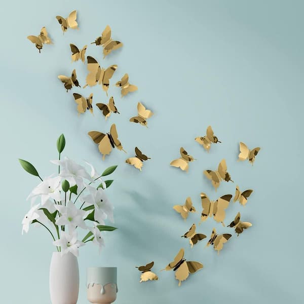 24-Piece 3.5 in. x 4.25 in. Gold 3D Removable Butterfly Wall Decal