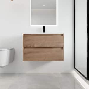 29.9 in. W x 18.3 in. D x 20.5 in. H Wall-Mounted Bath Vanity in Light Brown with White Ceramic Vanity Top
