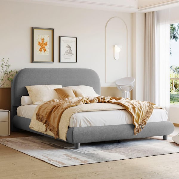 Gray Wood Frame Full Upholstered Platform Bed with Thick Fabric, Solid Frame and Stylish Curve-Shaped Design