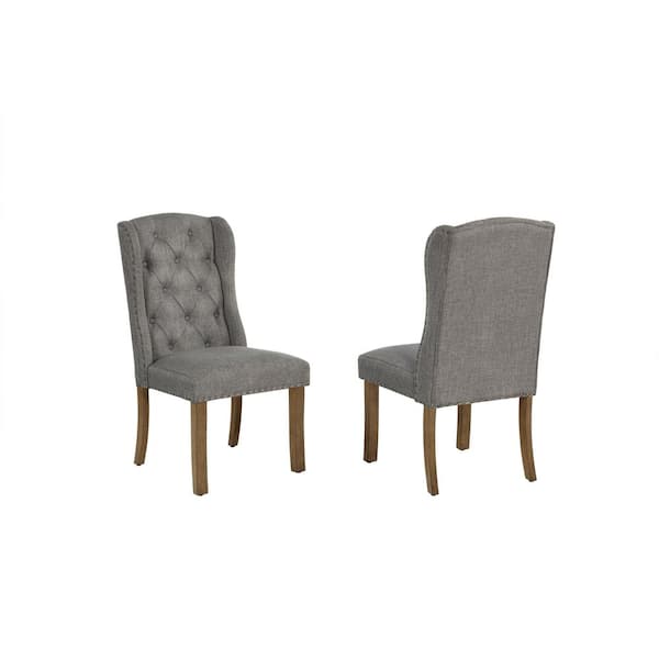 Salama Grey Linen Fabric With Brown Oak Veneer Finish Legs Wing Chairs Set of 2