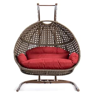2-Person Beige Wicker Hanging Double Egg Porch Swing Chair with Dark Red Cushions