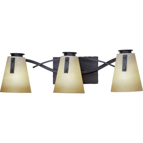 Volume Lighting Lodge 3-Light Indoor Frontier Iron Bath or Vanity Light Wall Mount or Wall Sconce with Sandstone Glass Empire Shades