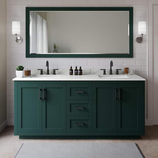 Wyndham Collection Miranda 72 in. W x 22 in. D x 33.75 in. H Double Bath Vanity in Green with Giotto Quartz Top and 70 in. Mirror