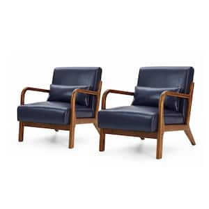 Mid-century Modern Navy Blue Leatherette Accent Armchair with Walnut Ruber Wood Frame (Set of 2)