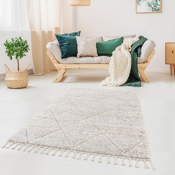 8 ft. x 10 ft. Talas Trellis Area Rug Cream High-Pile Shag Rug with Tassels, Machine Woven Soft & Plush, Stain Resistant