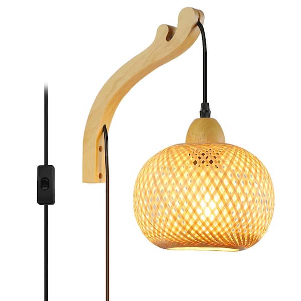 Kitchen Island 7.9 in. 1 Light Wood Base Plug in Wall Sconces with Bamboo Shade, Rustic Adjustable Height Wall Lamp