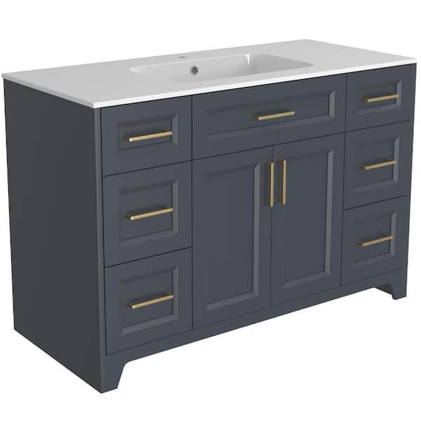 Zeafive 48 in. W Solid Wood Single Sink Freestanding Bath Vanity Cabinet and Top in Navy Blue with Solid Surface White Top