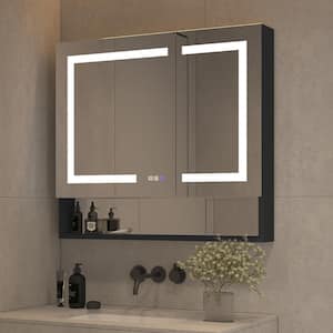 36 in. W x 32 in. H Black Aluminum Recessed or Surface Mount Dimmable Medicine Cabinet with Mirror LED and Shelves