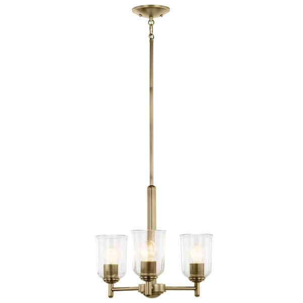 KICHLER Shailene 17.5 in. 3-Light Natural Brass Traditional Clear Glass Shaded Bell Mini Chandelier for Dining Room