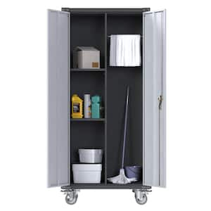 31 in. W x 71 in. H x 16 in. D Metal Rolling Freestanding Cabinet with Hanging Rod Steel Garage Cabinet in Black & Grey