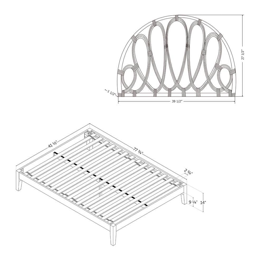 Twin Poplar Wood Platform Bed with Rattan Headboard and Drawer