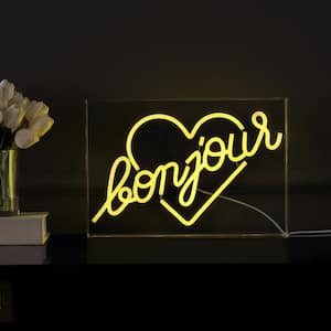 Bonjour Heart 15 in. x 10.3 in. Contemporary Glam Acrylic Box USB Operated LED Neon Night Light, Yellow