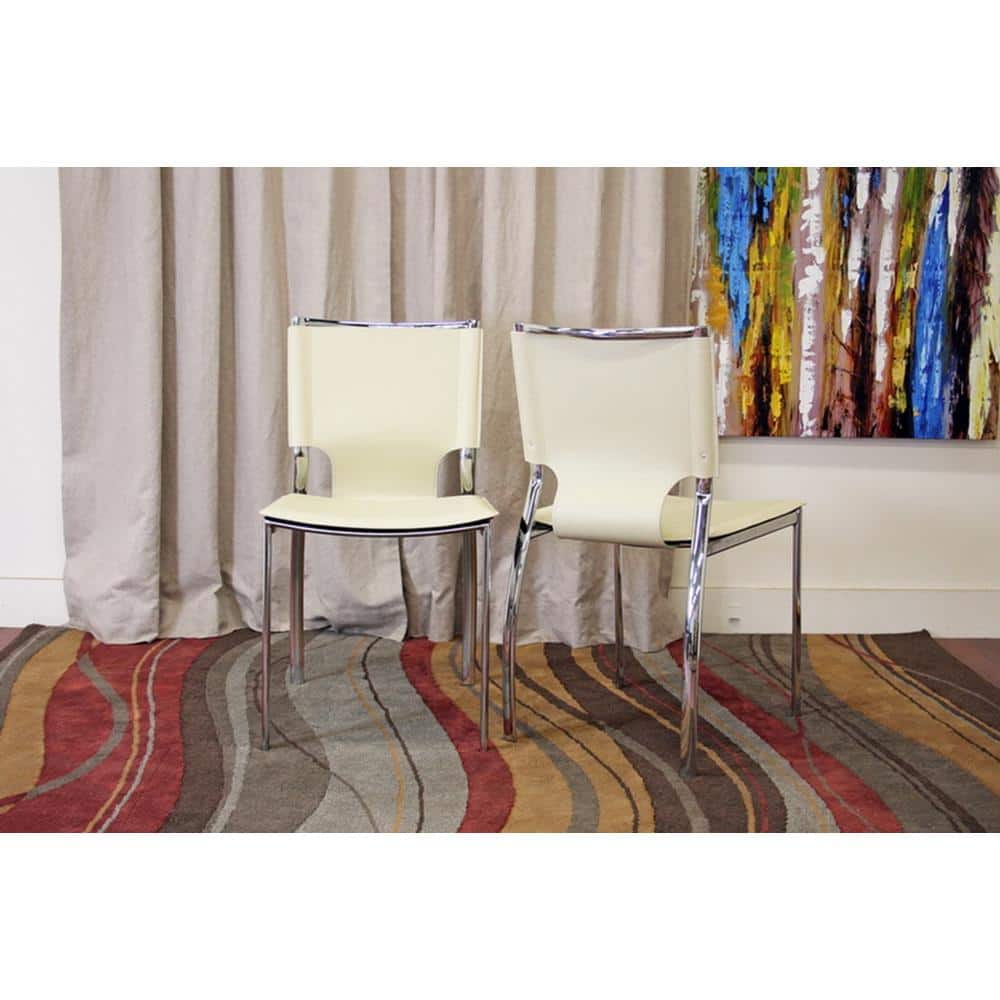 Ivory Leather and Chrome Modern Dining Chairs, Set of 2
