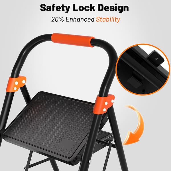 2-Step Lightweight Steel Step Stool (6 ft. Reach) 900 lbs. Load Capacity with Non-Marring Feet and Safety Lock, Black