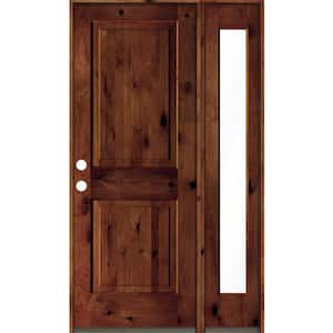 44 in. x 80 in. knotty alder Right-Hand/Inswing Clear Glass Red Chestnut Stain Square Top Wood Prehung Front Door w/RFSL