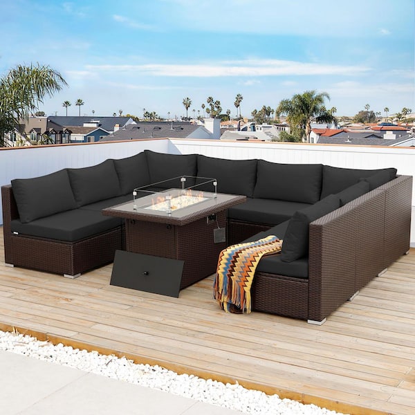 9 Pieces Brown Wicker Outdoor Sectionals Patio Furniture Set Conversation Set with Fire Pit Table and Dark Gray Cushions