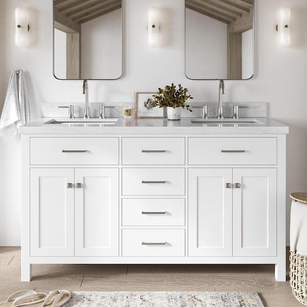 Bristol 60 in. W x 22 in. D x 36 in. H Double Freestanding Bath Vanity in White with White Marble Top