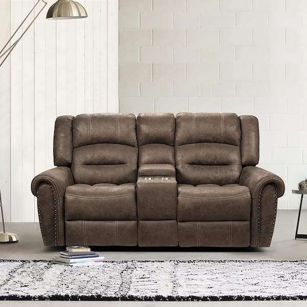 Lazzara Arella 80 in. W Brown Microfiber Double Glider Manual Reclining Loveseat with Center Console