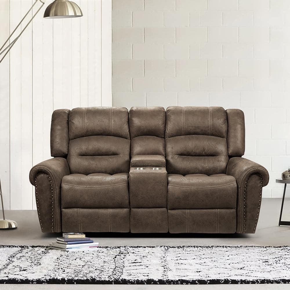 Arella 80 In. W Brown Microfiber Double Glider Reclining Loveseat With ...