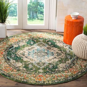 Monaco Forest Green/Light Blue 4 ft. x 4 ft. Distressed Border Medallion Round Area Rug