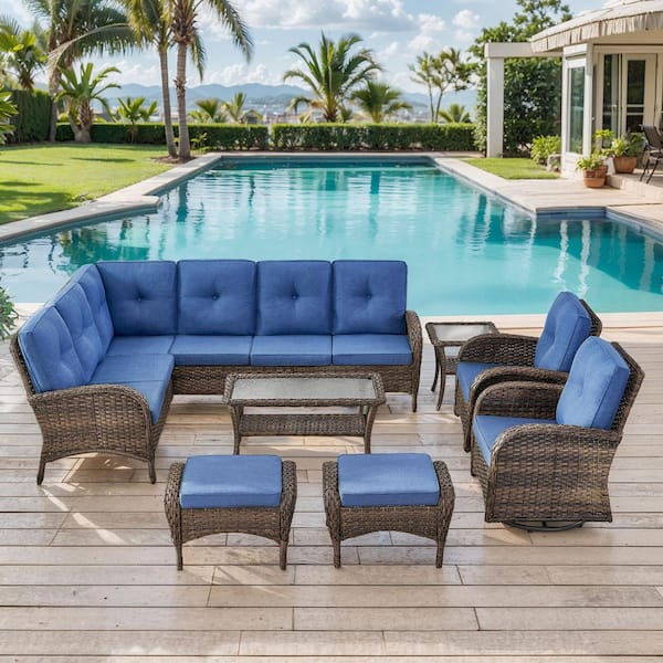 moosprr 8-Piece Brown Wicker Outdoor Sectional Set with Olefin Blue Cushions and L-Shaped Sofa/Swivel Glider Chairs