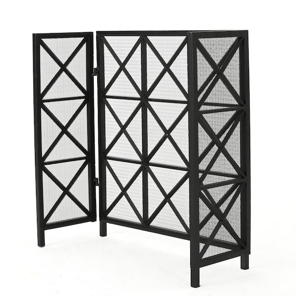 Noble House Margaret Black Iron 3-Panel Fireplace Screen