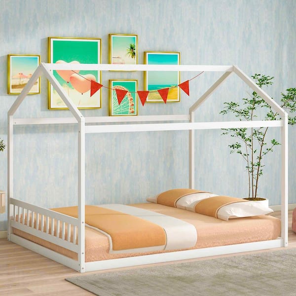 Polibi White Wood Frame Queen Size Platform Bed with Headboard