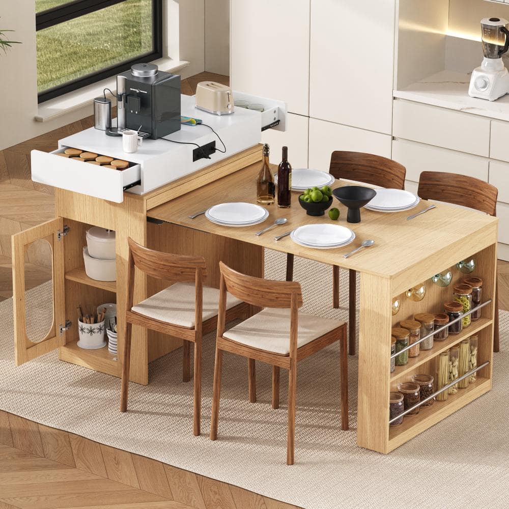 FAMYYT Natural Extendable Wood Tabletop 58 in. Kitchen Island with
