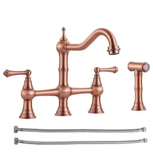 Antique Design Double Handle Bridge Kitchen Faucet with Side Sprayer in Copper