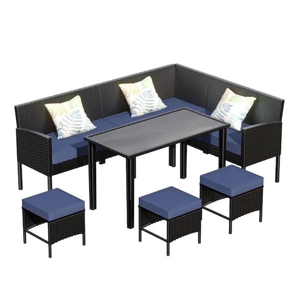 7-Piece Outdoor Furniture Set with Blue Cushion