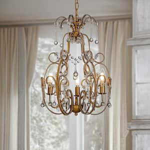 3-Light 16 in. Mid-Century Antique Gold Traditional Candle Style Chandelier with Glass Droplets