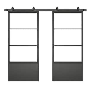 74 in. x 84 in. Clear Glass Black Steel Frame Interior Double Sliding Barn Door with Hardware Kit and Door Handle