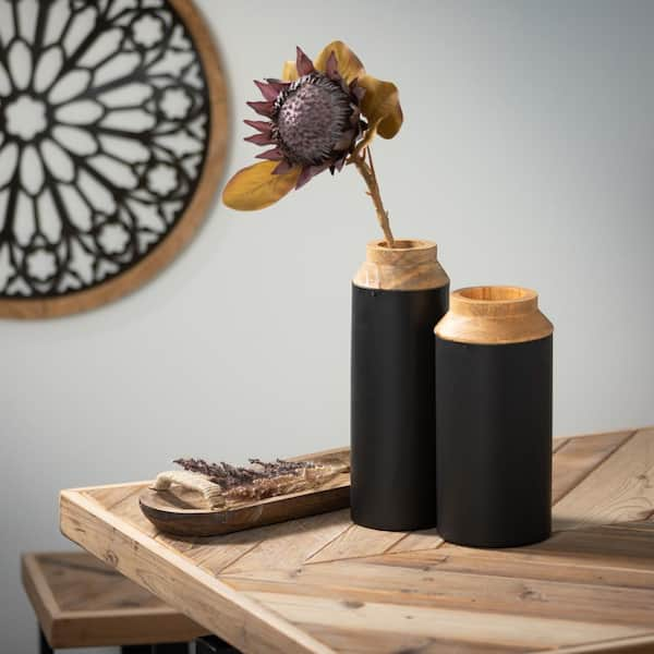 Unknown1 Wood Vase with Black Wrap Set of 2-