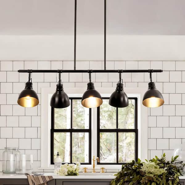 Collina 5-Light Industrial Modern Black Linear Pot Lid Kitchen Island Pendant Light/ Adjustable Tracking Light