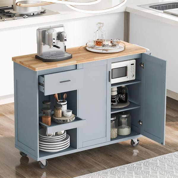 Unbranded Gray Blue Wood 47.2 in. Kitchen Island on 5 Wheels with Foldable Counter Top, Slide-Out Shelf, Towel Rack and Drawer