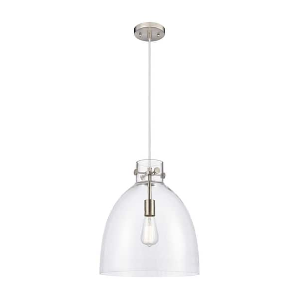 Newton Bell 100-Watt 1 Light Satin Nickel Shaded Pendant Light with Clear glass Clear Glass Shade