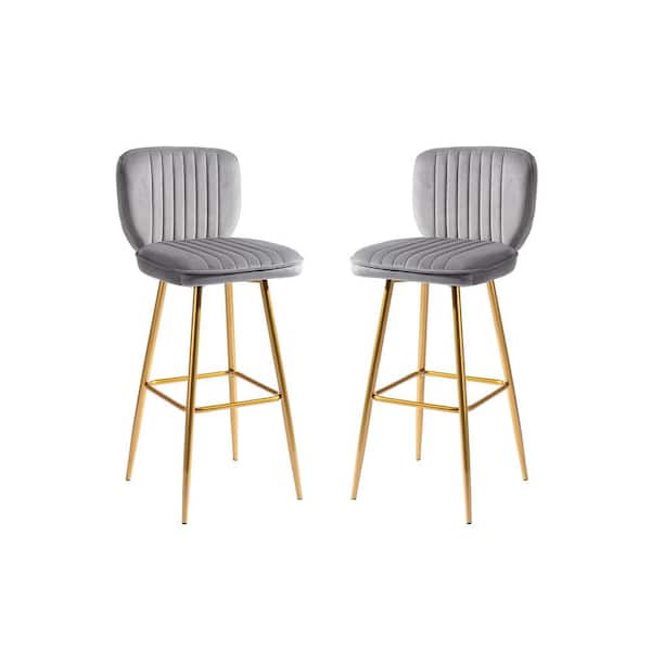 HOMEFUN 40 in. Gray High Back Metal Frame Counter Height Cushioned Bar Stool with Velvet Seat and Footrest (Set of 2)