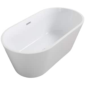 59 in. Acrylic Flatbottom Freestanding Oval Soaking Bathtub in White with Drain