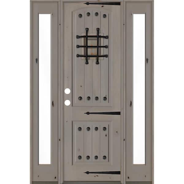 Krosswood Doors 64 in. x 96 in. Mediterranean Knotty Alder Right-Hand/Inswing Clear Glass Grey Stain Wood Prehung Front Door w/Sidelite